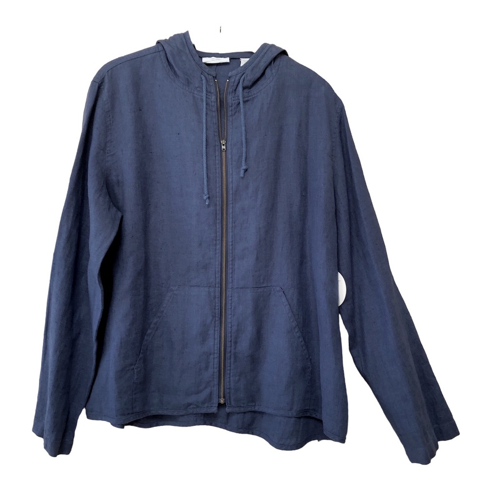 VALERIE STEVENS casual washable blue linen zip front hooded jacket, size L
